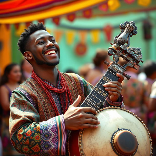 A talented tomba player smiling joyfully while playing their instrument, with colorful traditional attire and an upbeat atmosphere