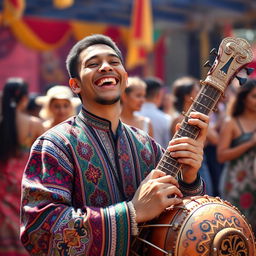 A talented tomba player smiling joyfully while playing their instrument, with colorful traditional attire and an upbeat atmosphere