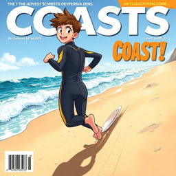 Anime-style cover art for an educational science magazine issue titled 'Coasts', featuring an excited teen male character in a tight full-body wetsuit with yellow accents, sprinting along a sandy beach towards the sparkling ocean