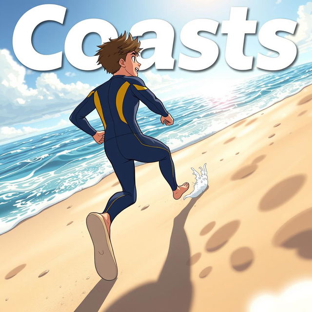 Anime-style cover art for an educational science magazine issue titled 'Coasts', featuring an excited teen male character in a tight full-body wetsuit with yellow accents, sprinting along a sandy beach towards the sparkling ocean