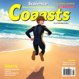 Anime-style cover art for an educational science magazine issue titled 'Coasts', featuring an excited teen male character in a tight full-body wetsuit with yellow accents, sprinting along a sandy beach towards the sparkling ocean
