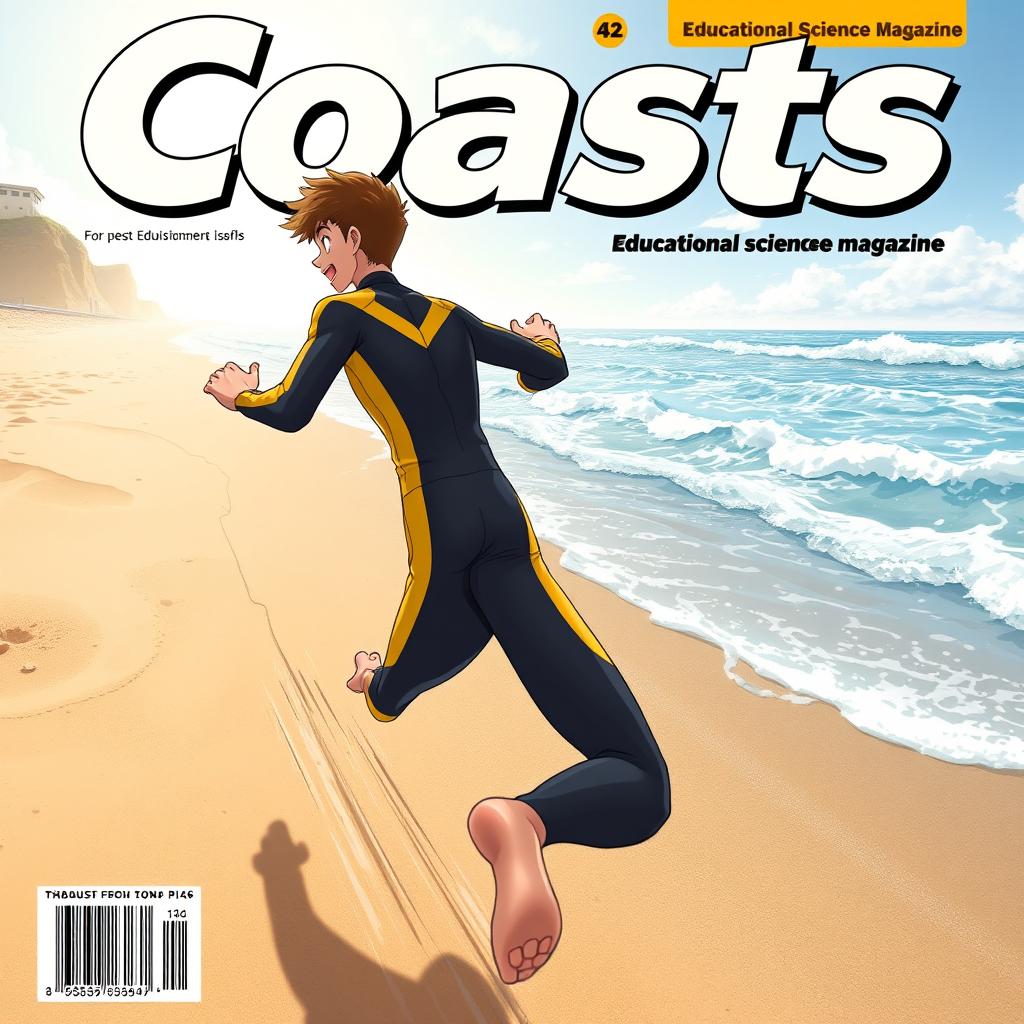 Anime-style cover art for an educational science magazine issue titled 'Coasts', featuring an excited teen male character in a tight full-body wetsuit with yellow accents, sprinting along a sandy beach towards the sparkling ocean