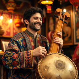 A joyful tombak player smiling while playing the traditional Iranian drum