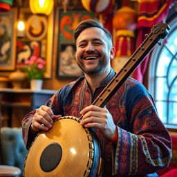 A joyful tombak player smiling while playing the traditional Iranian drum