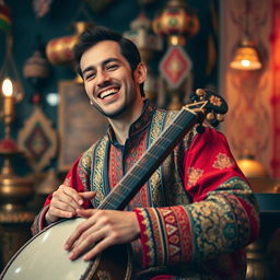 A joyful tombak player smiling while playing the traditional Iranian drum
