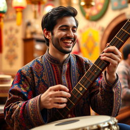 A joyful tombak player smiling while playing the traditional Iranian drum