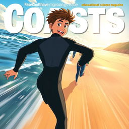 Anime-style cover art for an educational science magazine issue titled 'Coasts', featuring an excited teen male character in a tight full-body wetsuit, sprinting towards the ocean along a sunlit beach