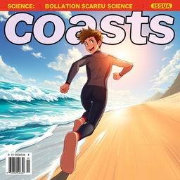 Anime-style cover art for an educational science magazine issue titled 'Coasts', featuring an excited teen male character in a tight full-body wetsuit, sprinting towards the ocean along a sunlit beach
