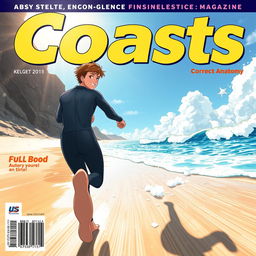 Anime-style cover art for an educational science magazine issue titled 'Coasts', featuring an excited teen male character in a tight full-body wetsuit, sprinting towards the ocean along a sunlit beach
