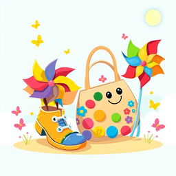 A playful and colorful children's illustration featuring a pair of whimsical shoes, a vibrant handbag, and a cheerful pinwheel