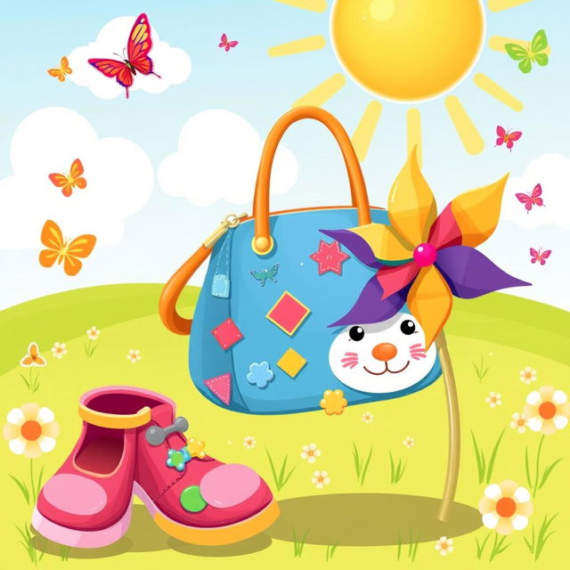 A playful and colorful children's illustration featuring a pair of whimsical shoes, a vibrant handbag, and a cheerful pinwheel