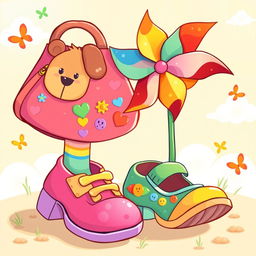 A playful and colorful children's illustration featuring a pair of whimsical shoes, a vibrant handbag, and a cheerful pinwheel