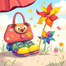 A playful and colorful children's illustration featuring a pair of whimsical shoes, a vibrant handbag, and a cheerful pinwheel
