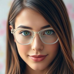 A close-up portrait of a stylish woman with long, flowing brunette hair, wearing transparent eyeglasses