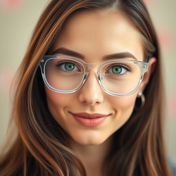 A close-up portrait of a stylish woman with long, flowing brunette hair, wearing transparent eyeglasses