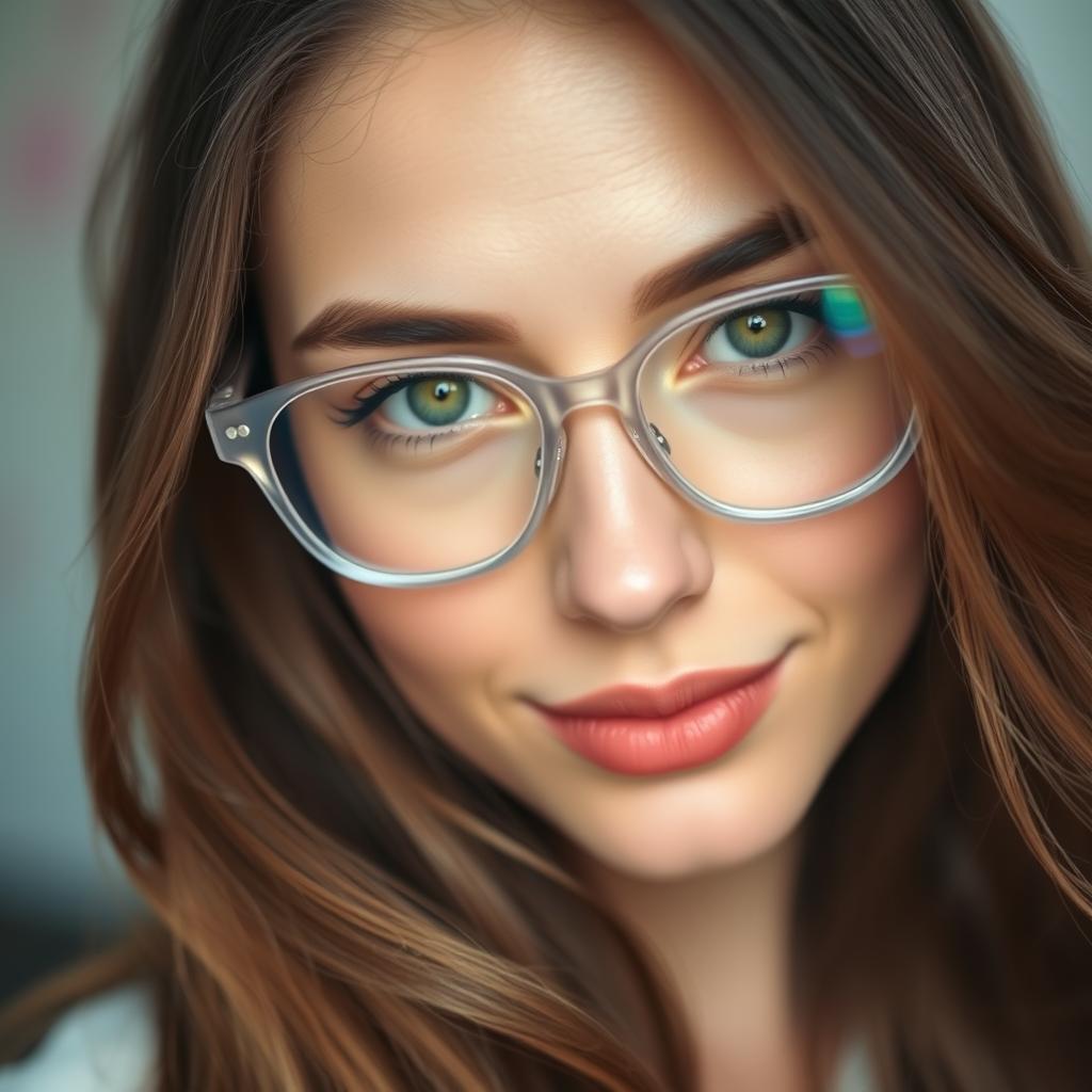 A close-up portrait of a stylish woman with long, flowing brunette hair, wearing transparent eyeglasses