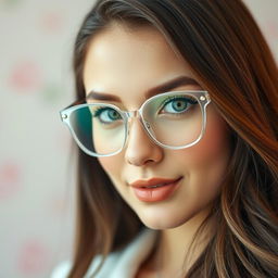 A close-up portrait of a stylish woman with long, flowing brunette hair, wearing transparent eyeglasses