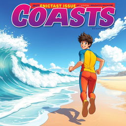 Anime-style cover art for an educational science magazine issue titled 'Coasts', featuring an excited teen male character in a bright-colored wetsuit, sprinting along a sunny beach towards the ocean with waves crashing in the background
