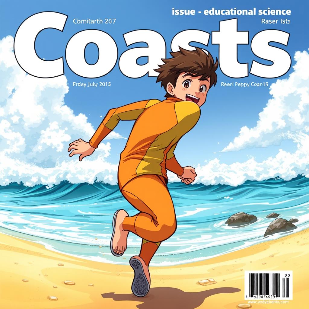 Anime-style cover art for an educational science magazine issue titled 'Coasts', featuring an excited teen male character in a bright-colored wetsuit, sprinting along a sunny beach towards the ocean with waves crashing in the background