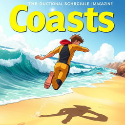 Anime-style cover art for an educational science magazine issue titled 'Coasts', featuring an excited teen male character in a bright-colored wetsuit, sprinting along a sunny beach towards the ocean with waves crashing in the background