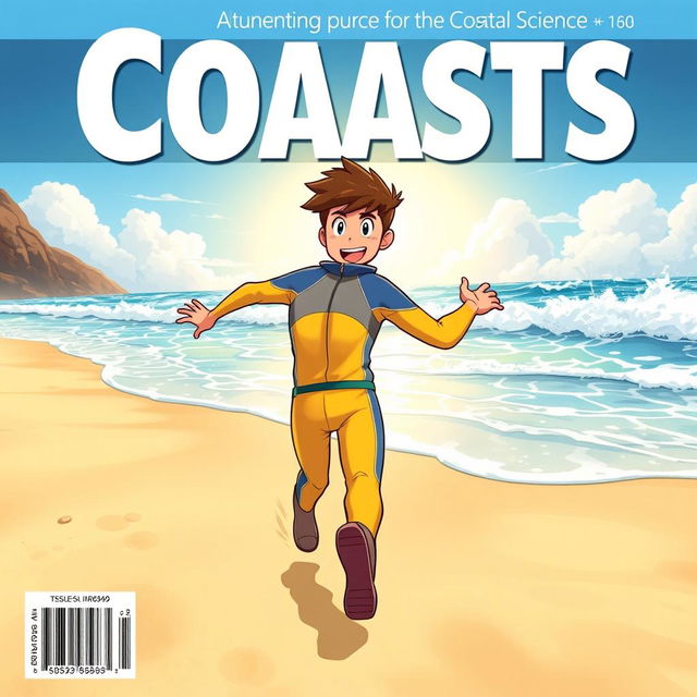 Anime-style cover art for an educational science magazine issue titled 'Coasts', featuring an excited teen male character in a bright-colored wetsuit, sprinting along a sunny beach towards the ocean with waves crashing in the background