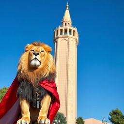 A majestic lion proudly standing in front of the Azadi Tower in Tehran, draped in the vibrant Iran's lion and sun flag