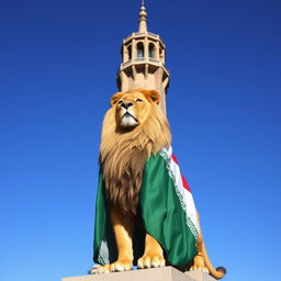 A majestic lion proudly standing in front of the Azadi Tower in Tehran, draped in the vibrant Iran's lion and sun flag