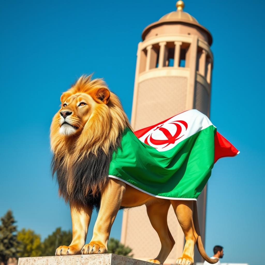 A majestic lion proudly standing in front of the Azadi Tower in Tehran, draped in the vibrant Iran's lion and sun flag