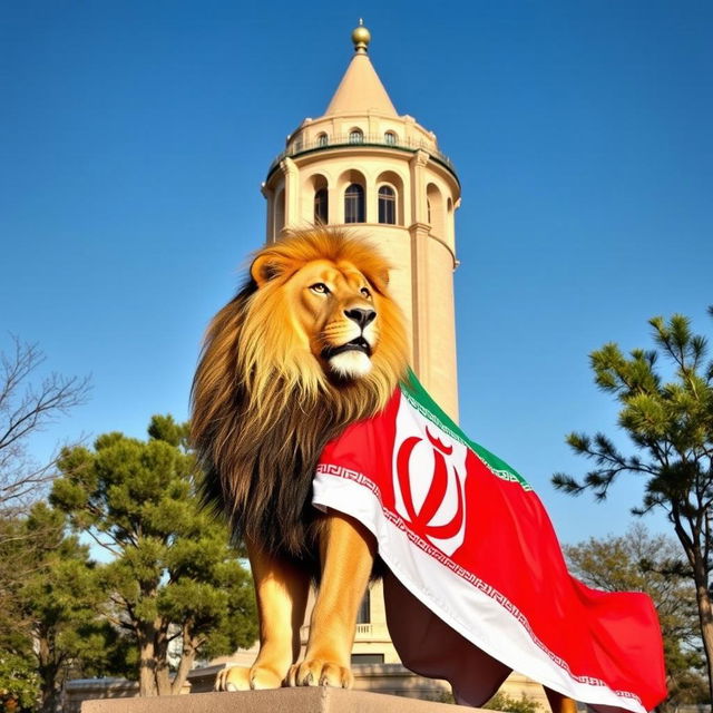 A majestic lion proudly standing in front of the Azadi Tower in Tehran, draped in the vibrant Iran's lion and sun flag