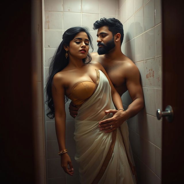 A captivating scene in a well-lit bathroom, featuring a confident and alluring Indian woman dressed in a transparent strapless saree that highlights her curves and accentuates her big bosom