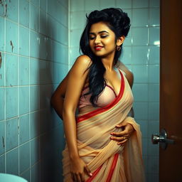 A captivating scene in a well-lit bathroom, featuring a confident and alluring Indian woman dressed in a transparent strapless saree that highlights her curves and accentuates her big bosom