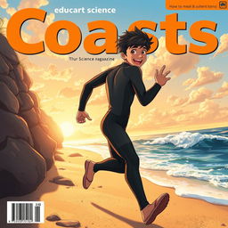 Anime-style cover art for an educational science magazine issue titled 'Coasts', featuring an excited teen male character in a tight wetsuit, energetically running along a beach towards the ocean while looking back over his shoulder with a joyful expression