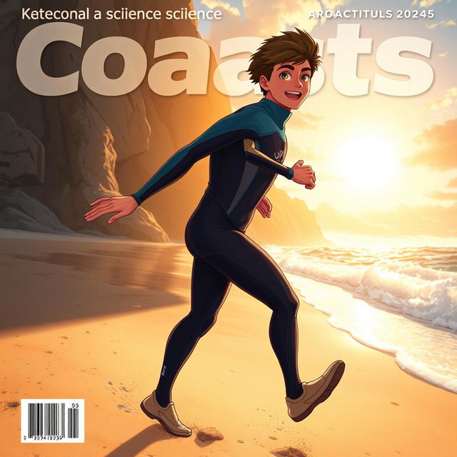 Anime-style cover art for an educational science magazine issue titled 'Coasts', featuring an excited teen male character in a tight wetsuit, energetically running along a beach towards the ocean while looking back over his shoulder with a joyful expression