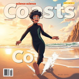 Anime-style cover art for an educational science magazine issue titled 'Coasts', featuring an excited teen male character in a tight wetsuit, energetically running along a beach towards the ocean while looking back over his shoulder with a joyful expression