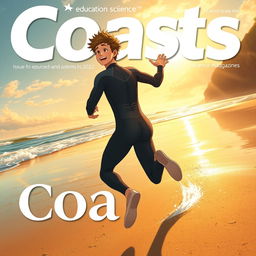 Anime-style cover art for an educational science magazine issue titled 'Coasts', featuring an excited teen male character in a tight wetsuit, energetically running along a beach towards the ocean while looking back over his shoulder with a joyful expression