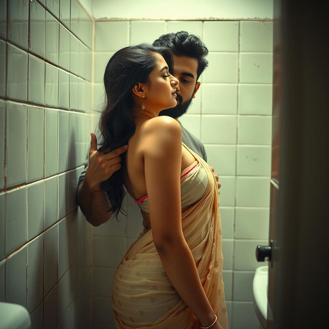 A striking scene set in a brightly lit bathroom, featuring a beautiful Indian woman with a fair complexion, shy demeanor, and alluring features