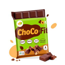 A visually appealing chocolate bar named 'ChoCo-Fit' designed to emphasize its healthy attributes