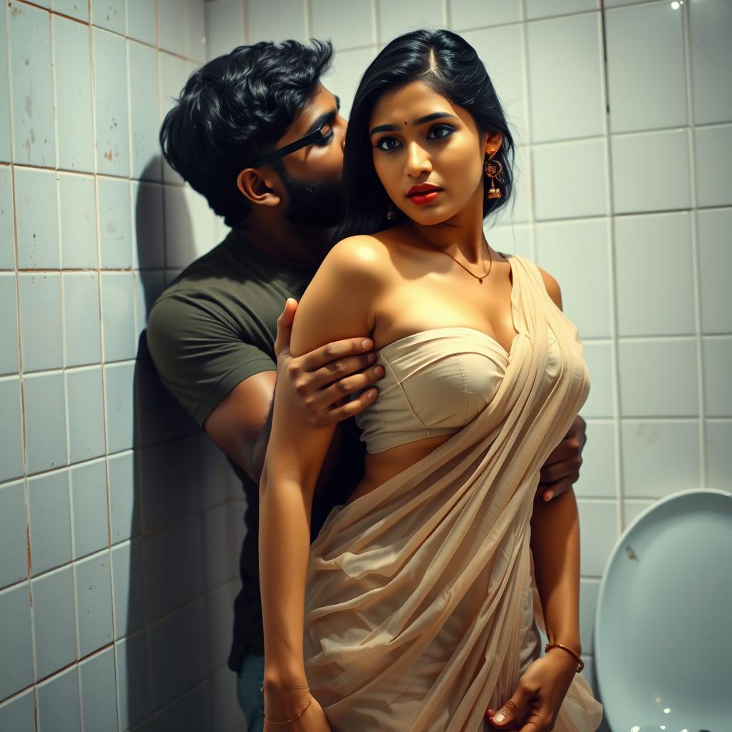 A striking scene set in a brightly lit bathroom, featuring a beautiful Indian woman with a fair complexion, shy demeanor, and alluring features