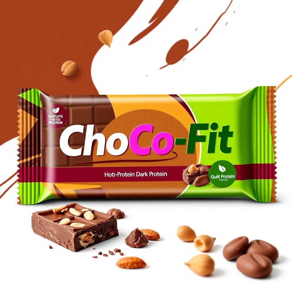 A visually appealing chocolate bar named 'ChoCo-Fit' designed to emphasize its healthy attributes