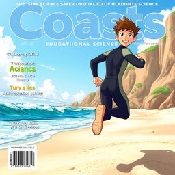 Anime-style cover art for an educational science magazine issue titled 'Coasts', depicting a friendly teen male character in a tight wetsuit, energetically running along a beach towards the ocean