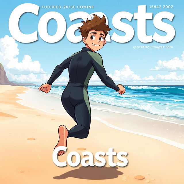 Anime-style cover art for an educational science magazine issue titled 'Coasts', depicting a friendly teen male character in a tight wetsuit, energetically running along a beach towards the ocean