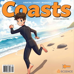 Anime-style cover art for an educational science magazine issue titled 'Coasts', depicting a friendly teen male character in a tight wetsuit, energetically running along a beach towards the ocean