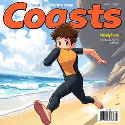 Anime-style cover art for an educational science magazine issue titled 'Coasts', depicting a friendly teen male character in a tight wetsuit, energetically running along a beach towards the ocean