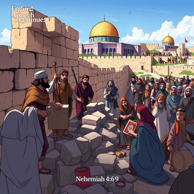 An inspired illustration depicting Nehemiah 4:6-9, showcasing a group of ancient Hebrew men and women working together to rebuild the walls of Jerusalem