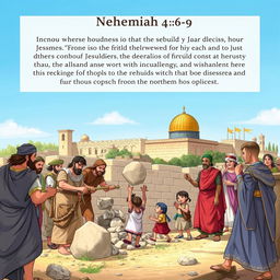 An inspired illustration depicting Nehemiah 4:6-9, showcasing a group of ancient Hebrew men and women working together to rebuild the walls of Jerusalem
