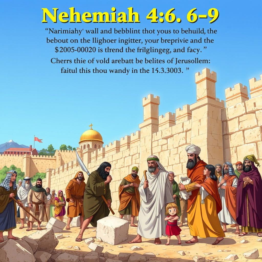 An inspired illustration depicting Nehemiah 4:6-9, showcasing a group of ancient Hebrew men and women working together to rebuild the walls of Jerusalem