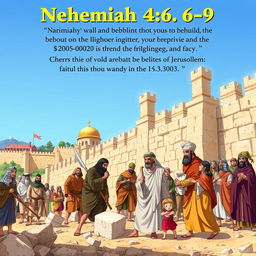 An inspired illustration depicting Nehemiah 4:6-9, showcasing a group of ancient Hebrew men and women working together to rebuild the walls of Jerusalem