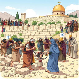 An inspired illustration depicting Nehemiah 4:6-9, showcasing a group of ancient Hebrew men and women working together to rebuild the walls of Jerusalem