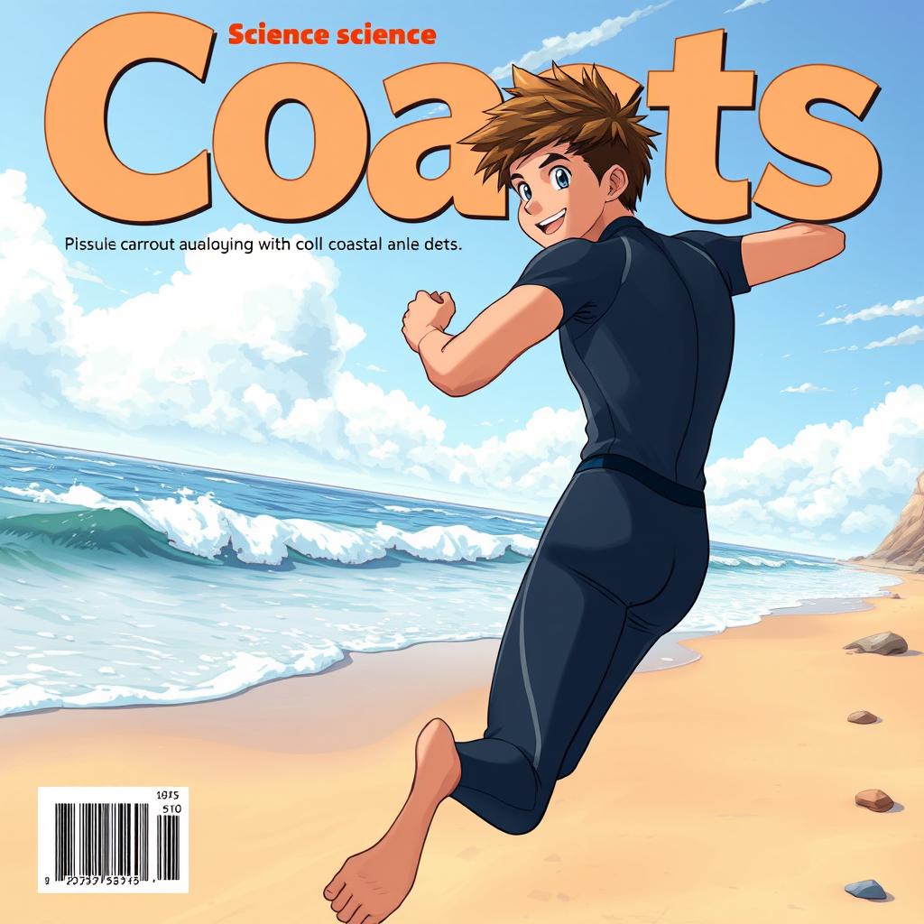 Anime-style cover art for an educational science magazine issue titled 'Coasts', featuring a friendly athletic teen male character in a tight wetsuit, energetically running along a beach towards the ocean