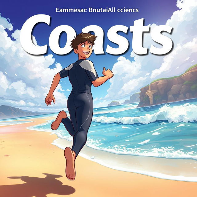 Anime-style cover art for an educational science magazine issue titled 'Coasts', featuring a friendly athletic teen male character in a tight wetsuit, energetically running along a beach towards the ocean